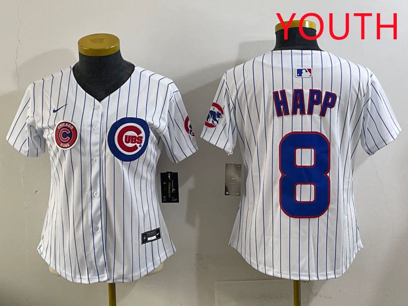 Youth 2025 Chicago Cubs #8 Happ White Stripe Game Nike MLB Jersey style 7
